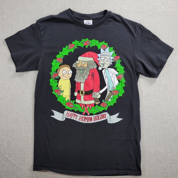 Rick and Morty Adult T-Shirt Size S Black Hot Topic Holiday Christmas Santa - Picture 8 of 8